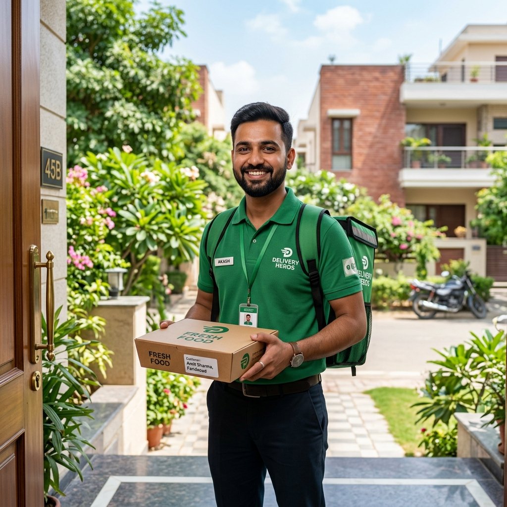 Smiling Indian delivery executive carrying a fresh food box in Faridabad