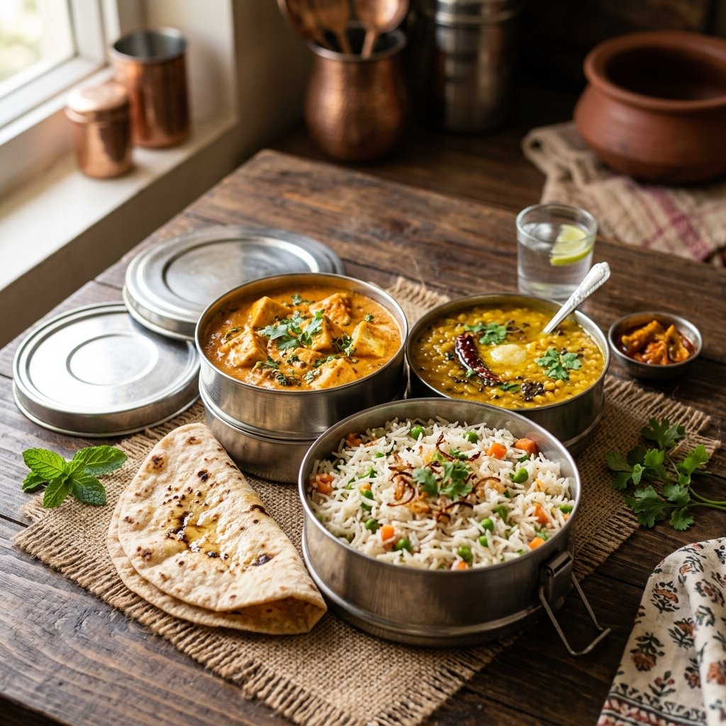 Premium open Indian steel tiffin box showing fresh dal, paneer, and chapati