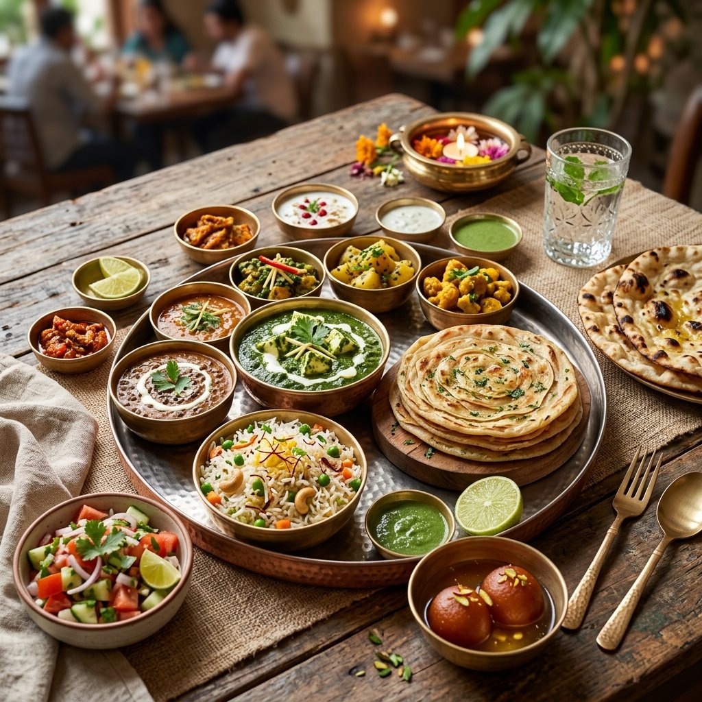 A premium vegetarian North Indian Thali on a wooden table representing Sunday Special meal